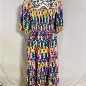 THML Colorful Ikat Geo Diamond Pattern Midi Dress Fun and Bold Puff sleeves